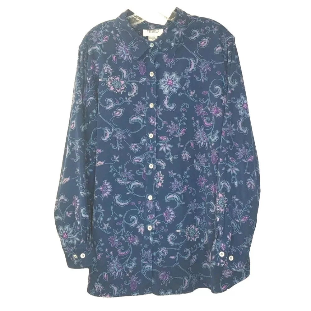 Vtg Artsy Floral Pailsey Shirt Jacket  Blue Button Front Cottage Boho Plus XL 1X